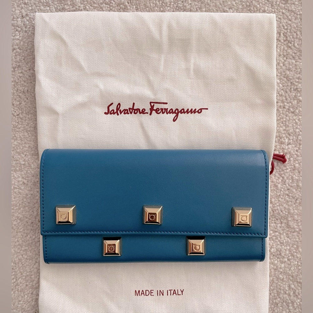 Salvatore Ferragamo Teal Studded Leather Continental Wallet. Clutch